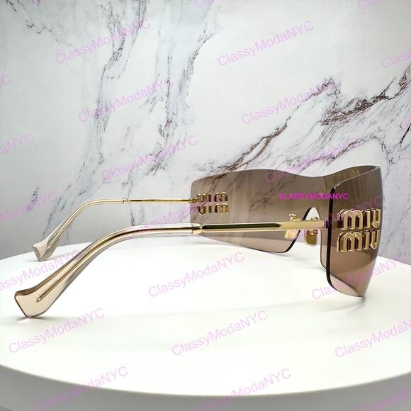 New MIU MIU Aube Sunglasses Gold Light Brown Mirror Bronze Rimless Wrap Womens main image 16